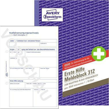 Avery Zweckform Meldeblock Erste Hilfe 312 A5 50 Blatt – DGUV-konformer Verbandblock