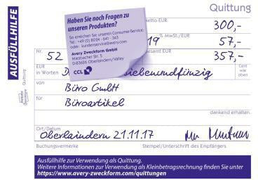 AVERY ZWECKFORM Quittung DIN A6 quer, 100 Blatt, MwSt. separat ausweisbar, Blauer Engel