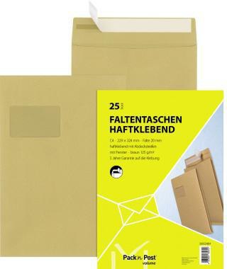 MAILMEDIA Faltentasche Pack'nPost® DIN C4 mit Fenster, 125 g/m² Natronpapier braun, 25 St./Pack.