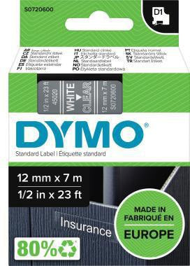 DYMO D1 Schriftbandkassette 12mm x 7m weiß auf schwarz – UV-beständig, wieder ablösbar