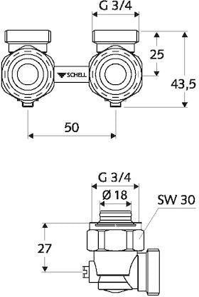 SCHELL Doppel-Anschlusshahn absperrbar Eck 3/4 Zoll AG mattnickel