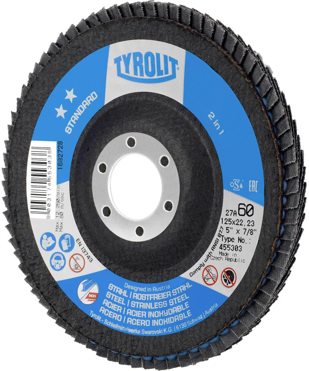 TYROLIT Fächerscheibe STANDARD 125 mm K60 Zirkonkorund für Stahl und Edelstahl