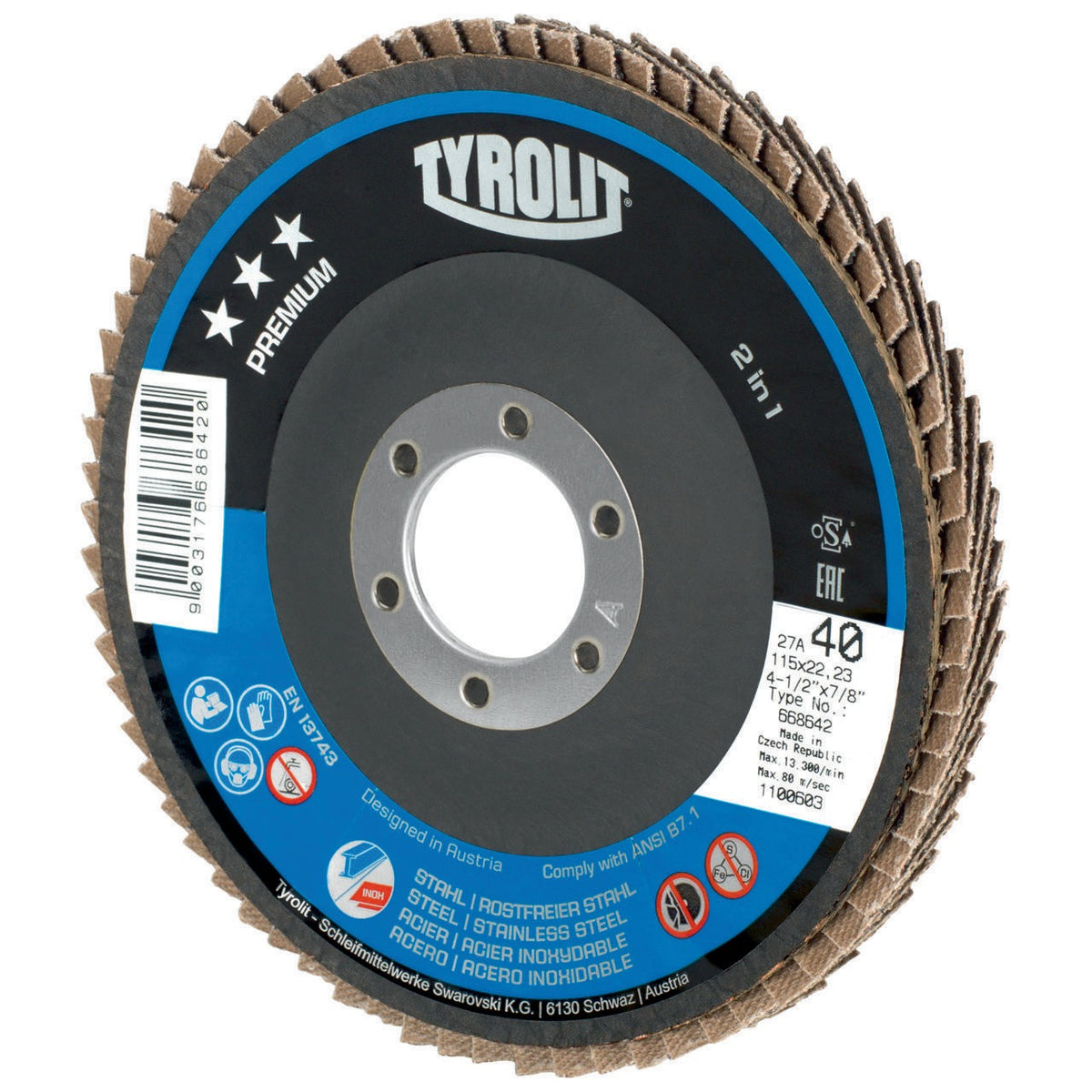 TYROLIT Fächerscheibe PREMIUM Ø125 mm K40 Zirkonkorund für Stahl & Edelstahl