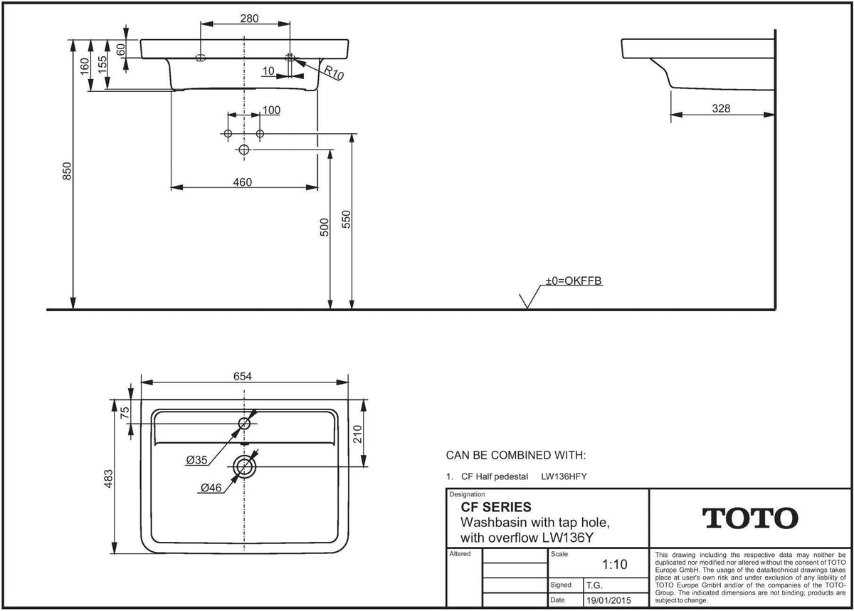 TOTO CF Waschtisch weiß 650 mm mit Hahnloch und Überlauf – CeFiONtect Keramik