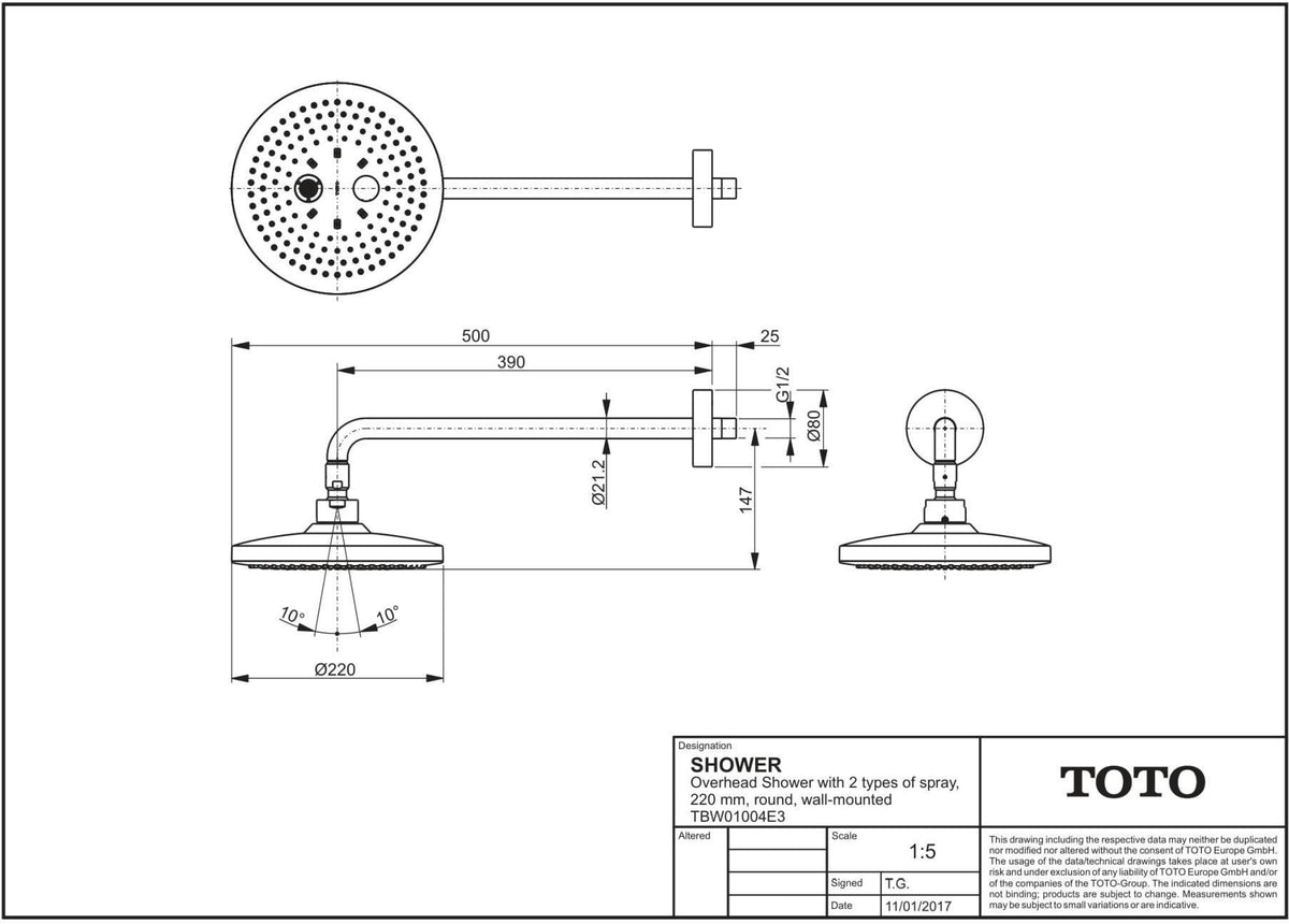 TOTO Kopfbrause rund Comfort Wave weiß/chrom – 220 mm, 2 Strahlarten, Antikalk