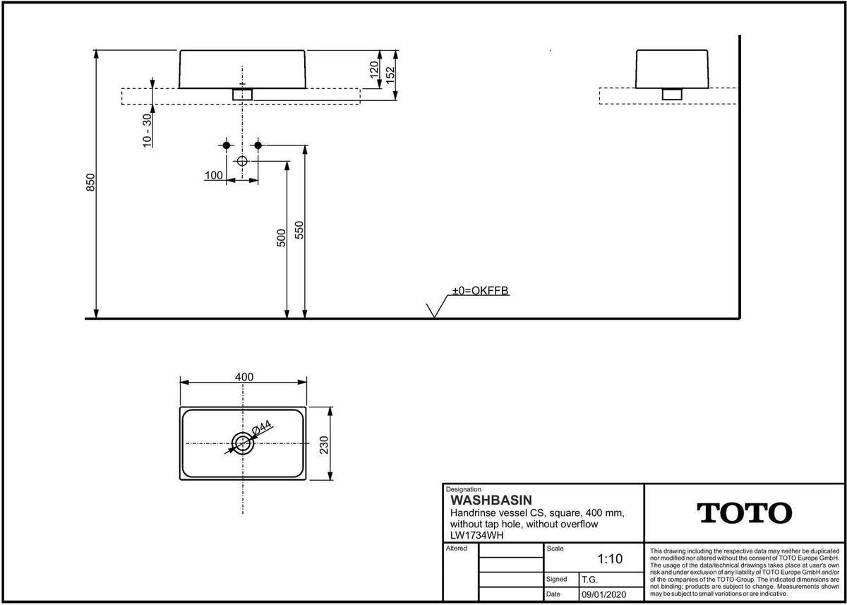 TOTO Aufsatzhandwaschbecken CS 400 mm eckig, mit Hahnloch, ohne Überlauf, weiss