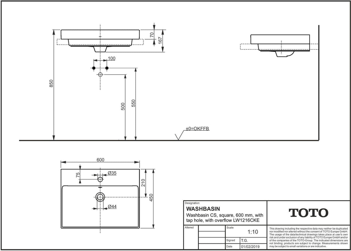 TOTO Waschtisch CS eckig 500 mm mit Hahnloch und Überlauf, CeFiONtect