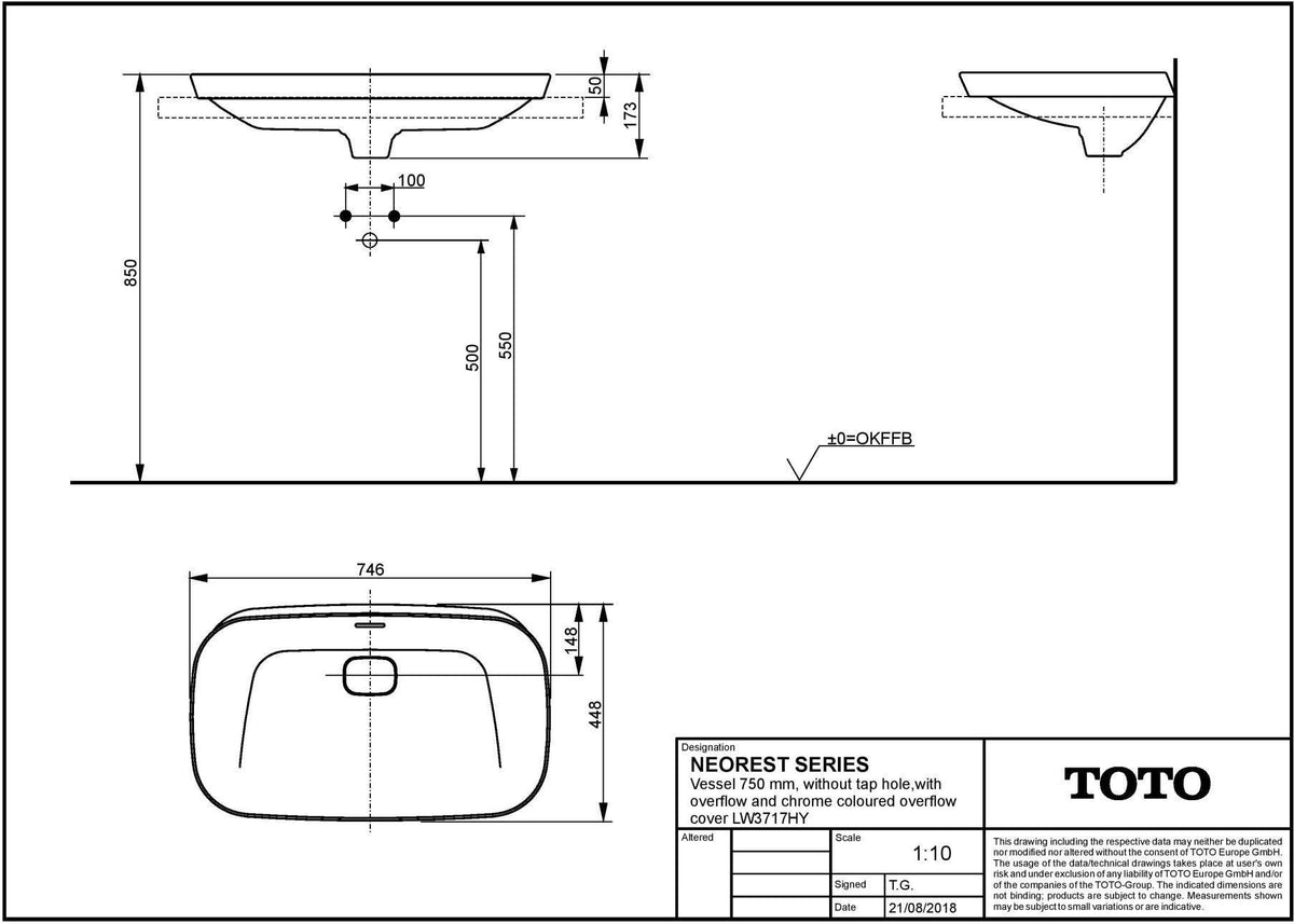 TOTO NEOREST Aufsatzwaschtisch 600 mm weiß ohne Hahnloch mit Überlauf und CeFiONtect