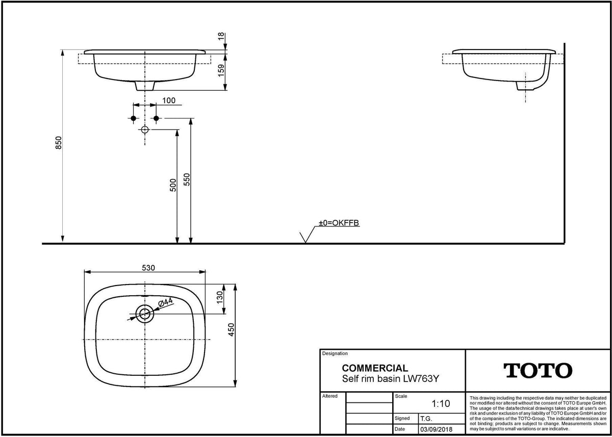 TOTO Einbauwaschtisch 530 mm eckig mit Überlauf und CeFiONtect für Möbelmontage