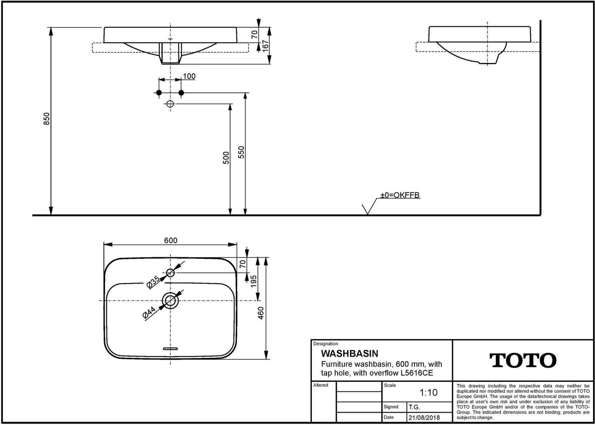 TOTO Möbelwaschtisch LF weiß 500 mm mit Hahnloch und Überlauf, CeFiONtect