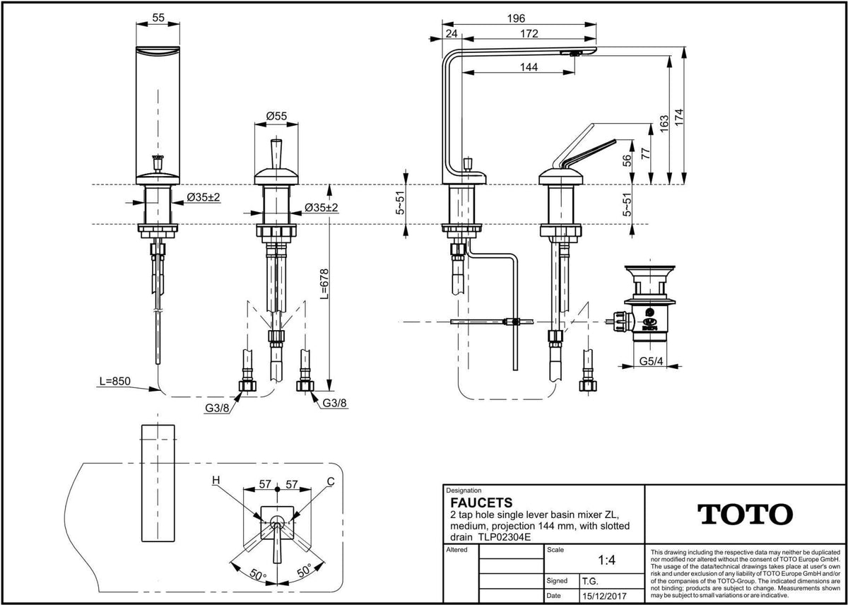 TOTO Zweiloch-Einhebel-Waschtischmischer ZL Chrom mittelhoch 174 mm mit langem Auslauf