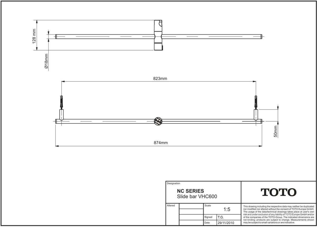 TOTO Brausestange mit Brausehalter Chrom 874 mm Messing – Wandmontage