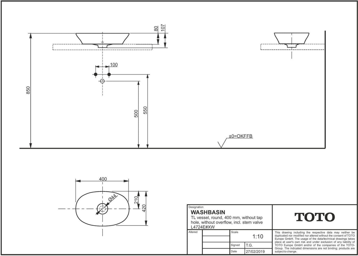 TOTO Aufsatzwaschtisch TL weiß rund 600 mm ohne Überlauf mit CeFiONtect