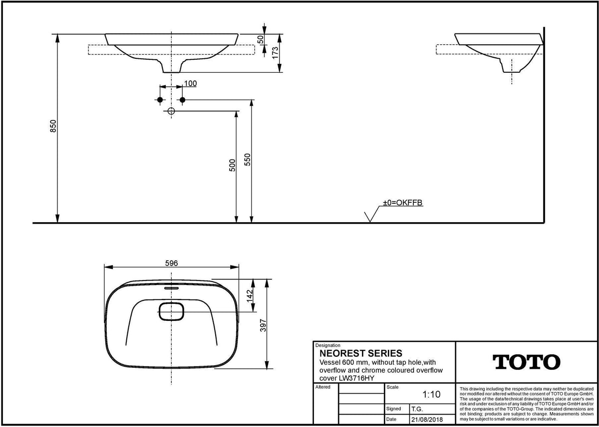 TOTO NEOREST Aufsatzwaschtisch 600 mm weiß ohne Hahnloch mit Überlauf und CeFiONtect