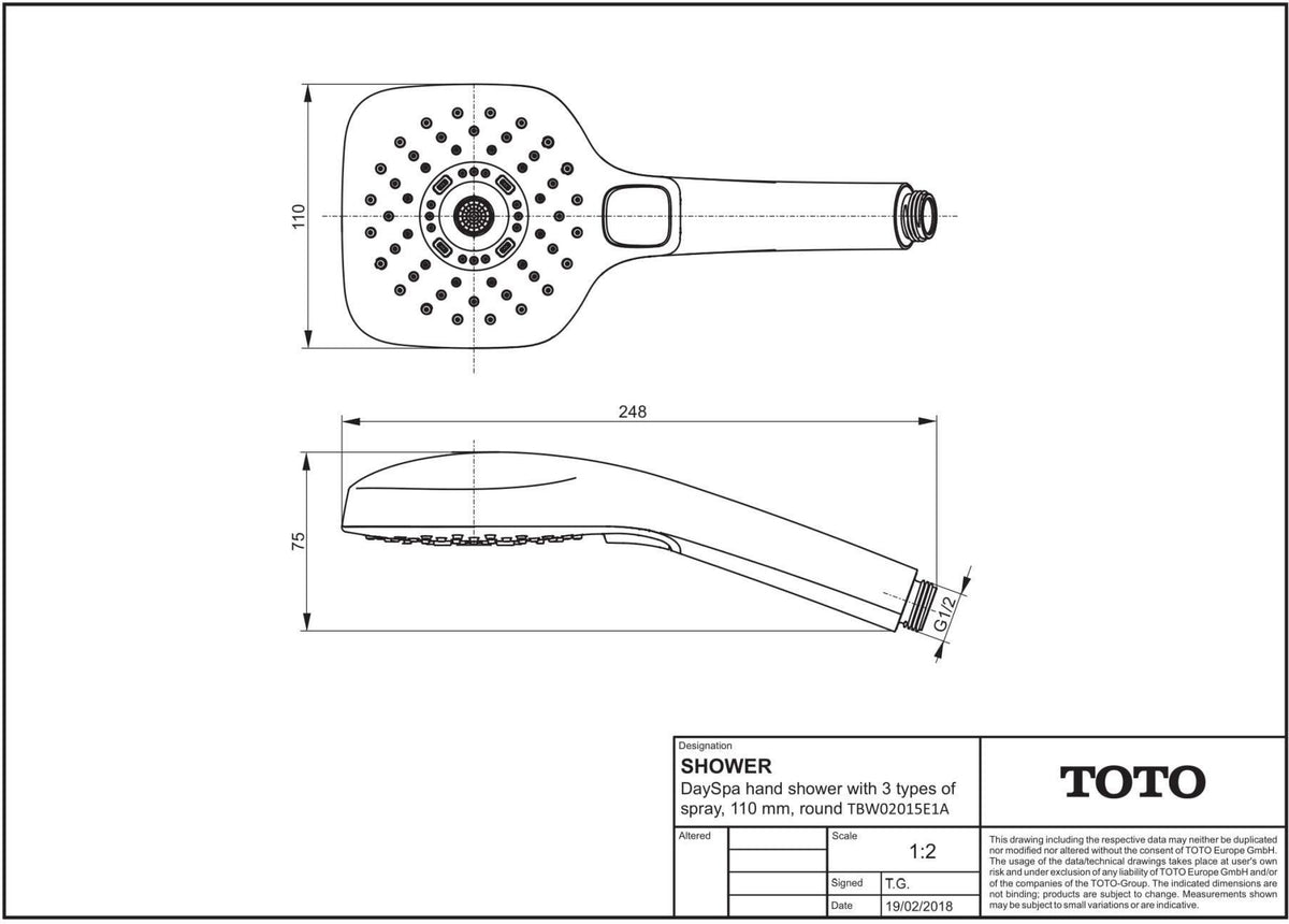 TOTO DaySpa Handbrause eckig 110 mm mit 3 Strahlarten weiß/chrom