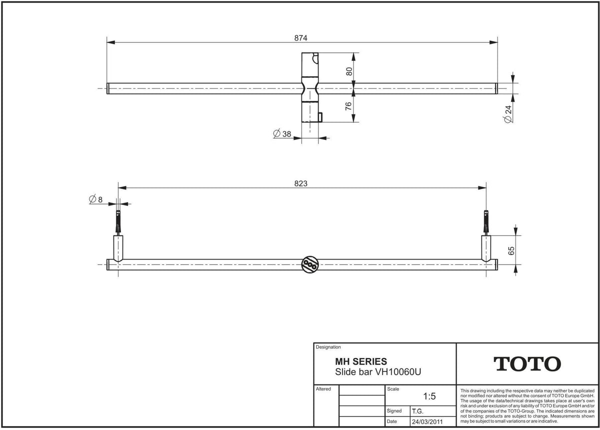 TOTO Brausestange mit Brausehalter chrom, 874 mm, Messing, verdeckte Wandmontage