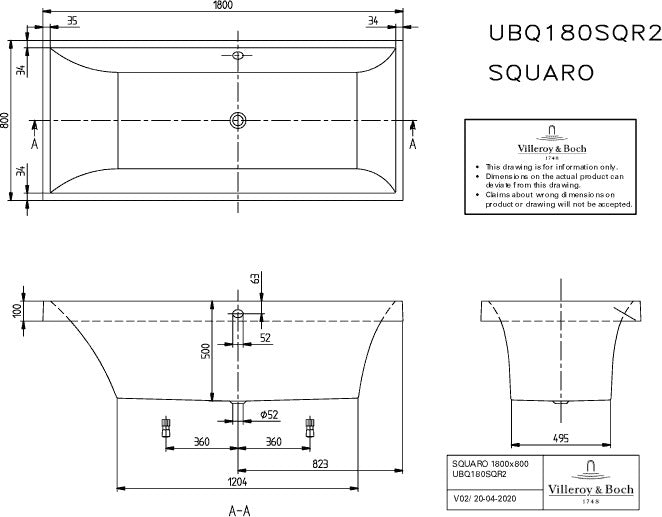 Villeroy & Boch Whirlpoolsystem O.NOVO Spec Combi Invisible TP 1 – 1800 mm, weiße Acrylwanne mit 16 Pop-up-Düsen
