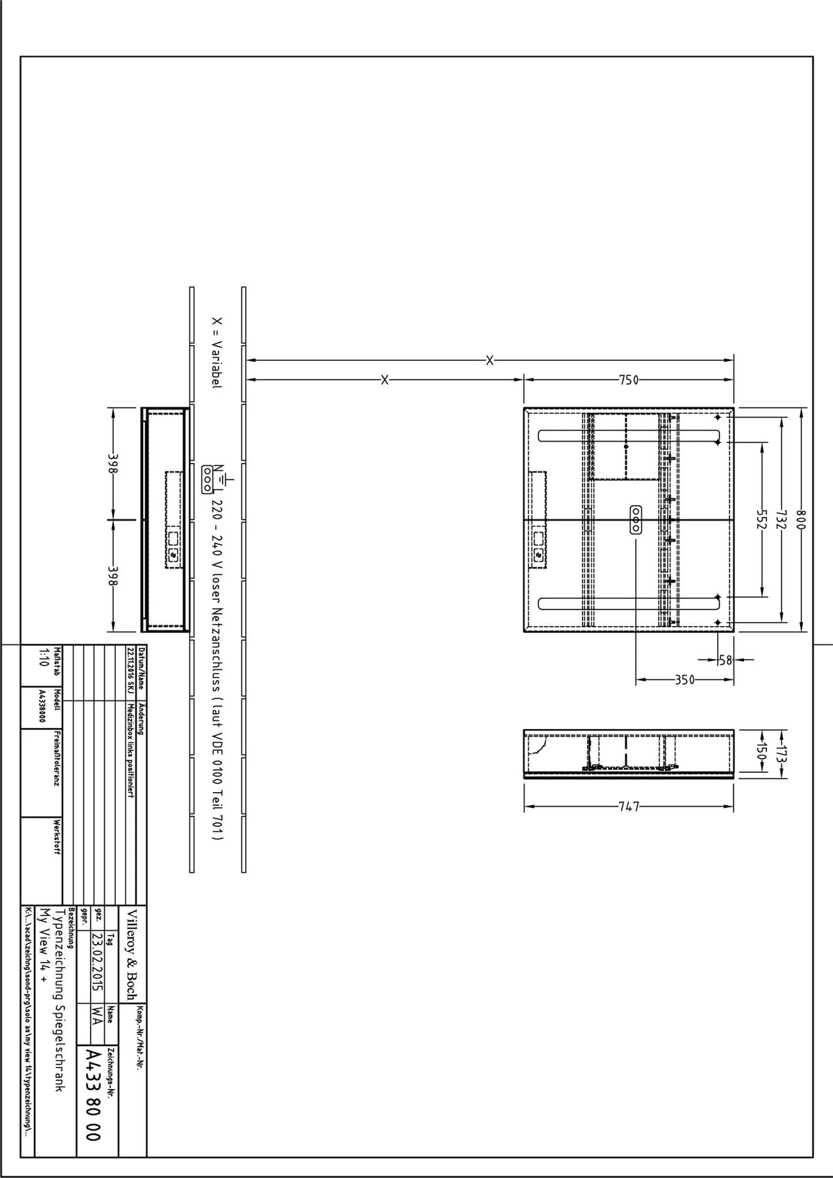 Villeroy & Boch My View 14+ Aufputz-Spiegelschrank 1000 mm mit LED-Beleuchtung und Front- sowie Innenspiegel