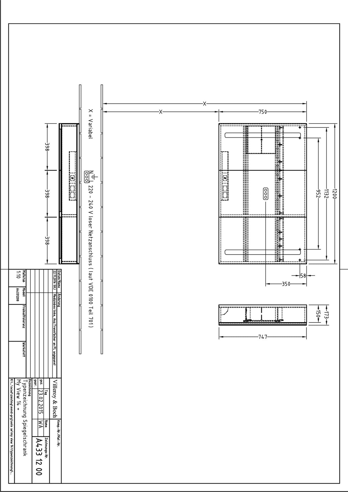 Villeroy & Boch My View 14+ Spiegelschrank 1200 mm mit LED-Beleuchtung und Front- & Innenspiegel
