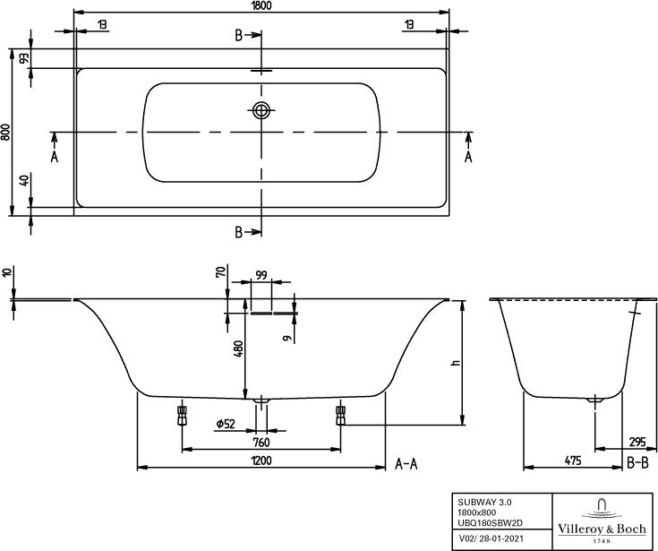 Villeroy & Boch SUBWAY 3.0 Special Combipool Invisible Whirlpoolsystem mit Quaryl-Badewanne 1800 x 800 mm