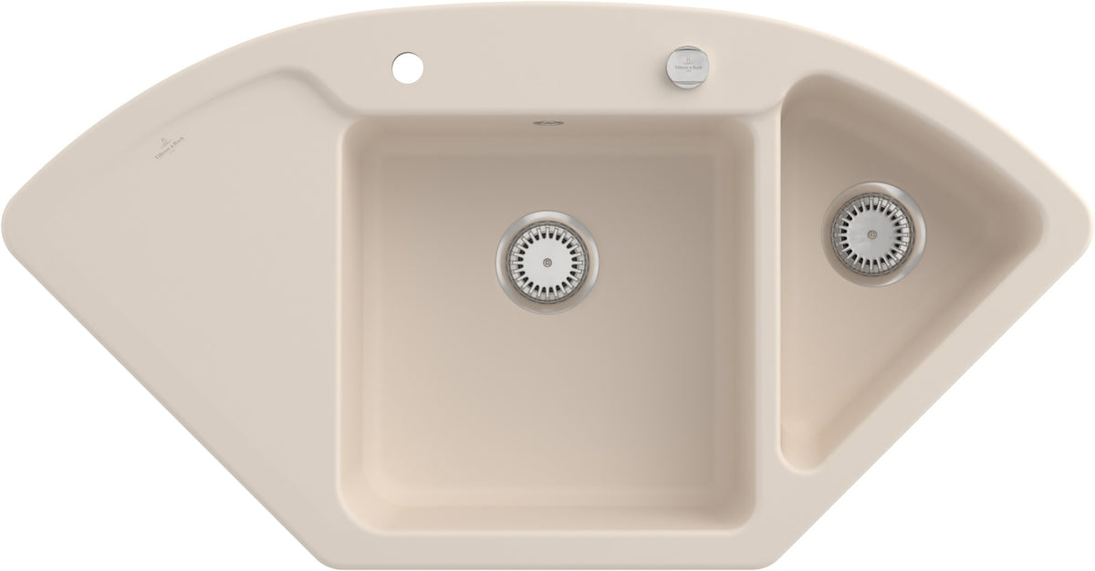 Villeroy & Boch Eckspüle Subway Style Eck 1115 mm Almond CeramicPlus – Keramik, 2 Becken, Abtropffläche
