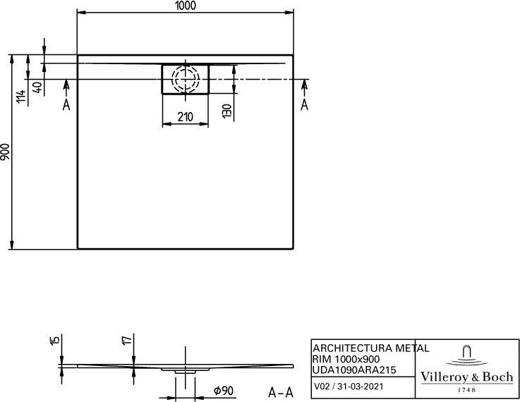 Villeroy & Boch Duschwanne Architectura 1000x800x15mm Rechteck Anthracite – Flacher Einbau, 90mm Ablauf