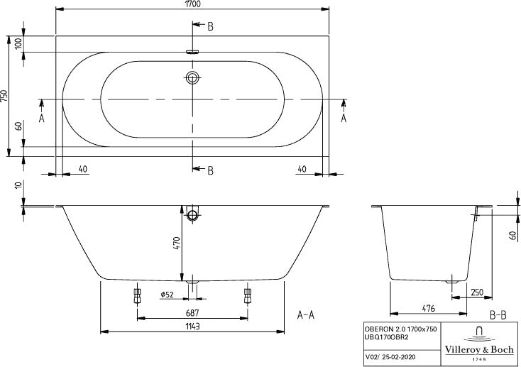 Villeroy & Boch Whirlpoolsystem OBERON 2.0 Special CombiPool Invisible in Weiß – Quaryl Badewanne 1700 mm