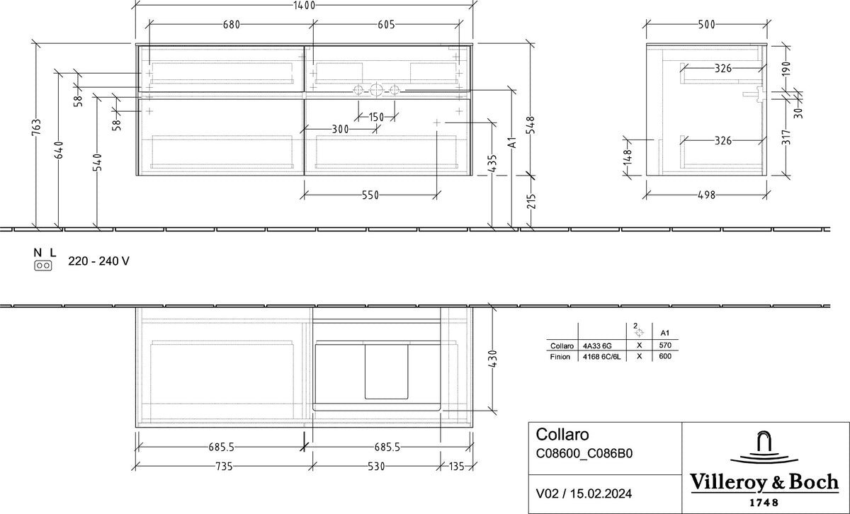 Villeroy & Boch Waschbeckenunterschrank Collaro C086 1400 mm Kansas Oak mit 4 Auszügen und SoftClosing
