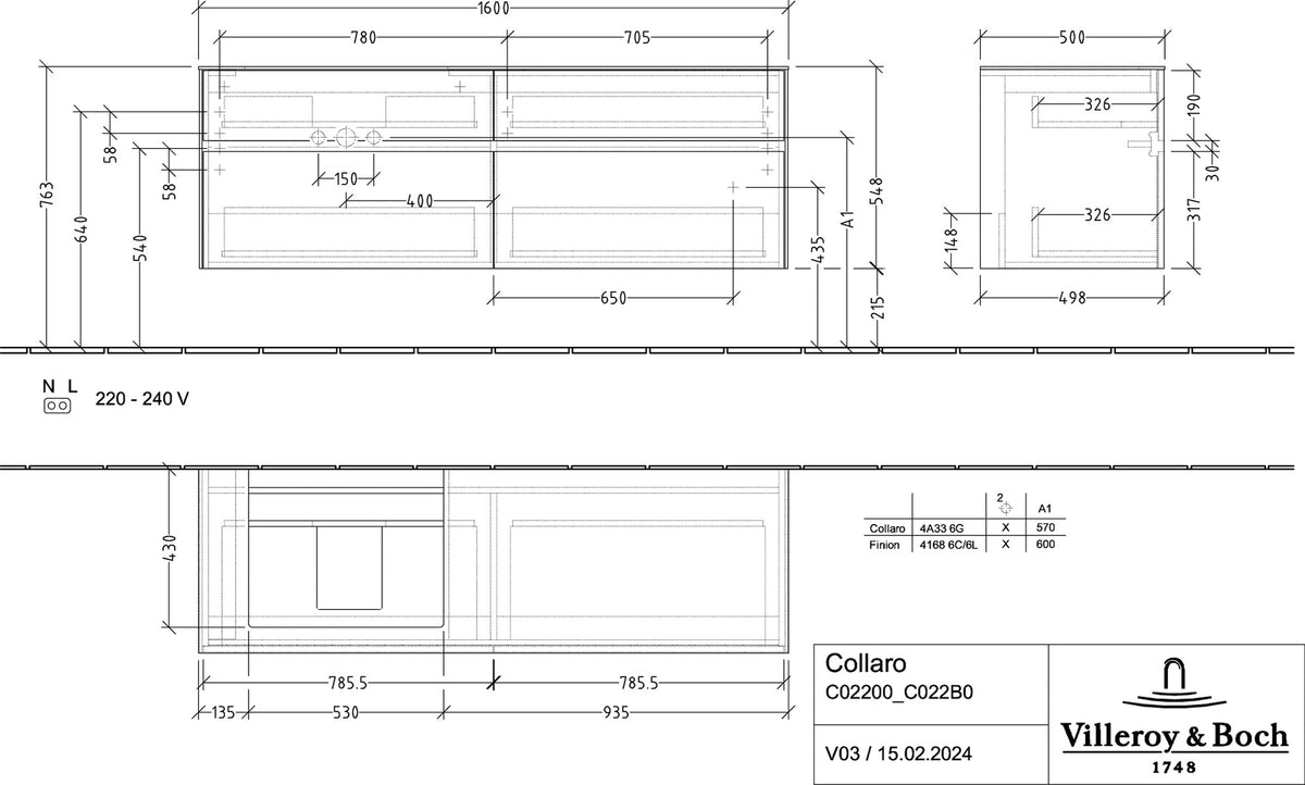 Villeroy & Boch Waschtischunterschrank Collaro C022 B0 1600 mm Taupe mit Beleuchtung und SoftClosing