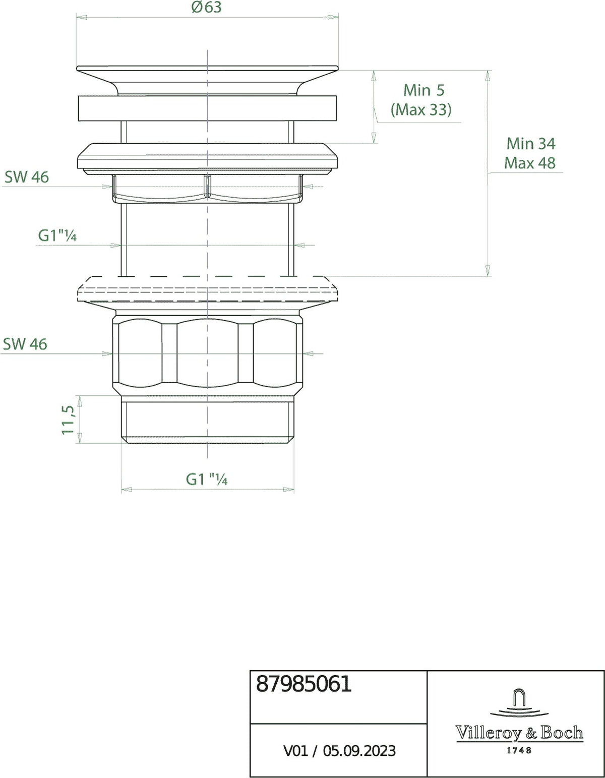 Villeroy & Boch Siebventil Zubehör 879850 verchromt – nicht verschließbar, 32 mm, Messing