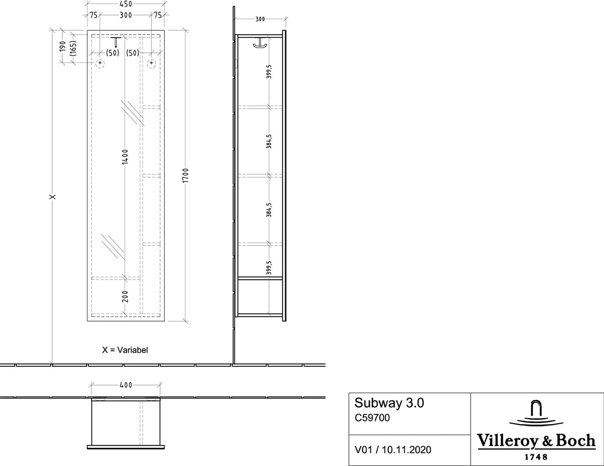 Villeroy & Boch Spiegel Subway 3.0 C59700 450x1700x30 mm Eckig Brilliant White
