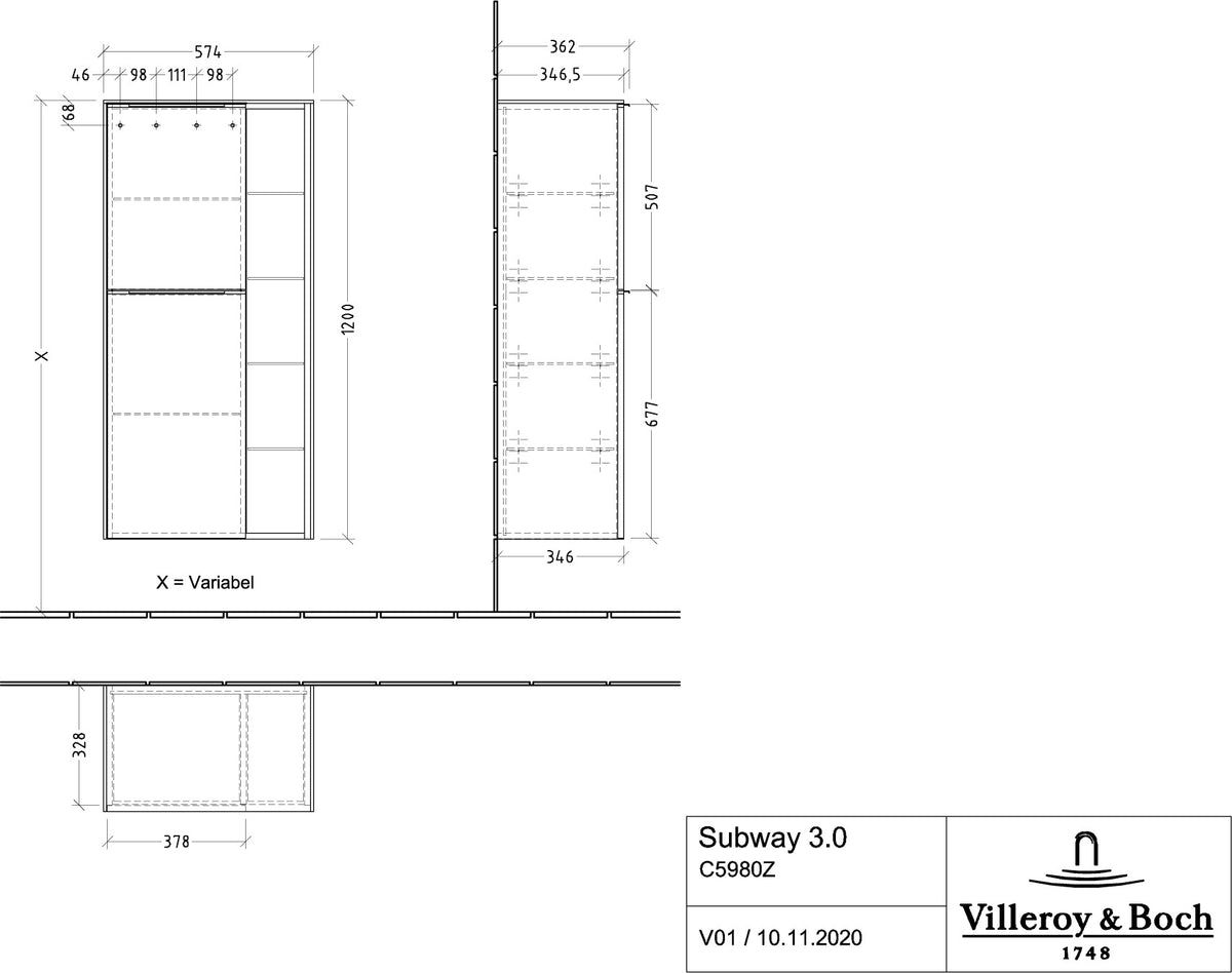 Villeroy & Boch Mittelschrank Subway 3.0 C59801 – 574 x 1200 x 346 mm, Pure White, mit SoftClosing
