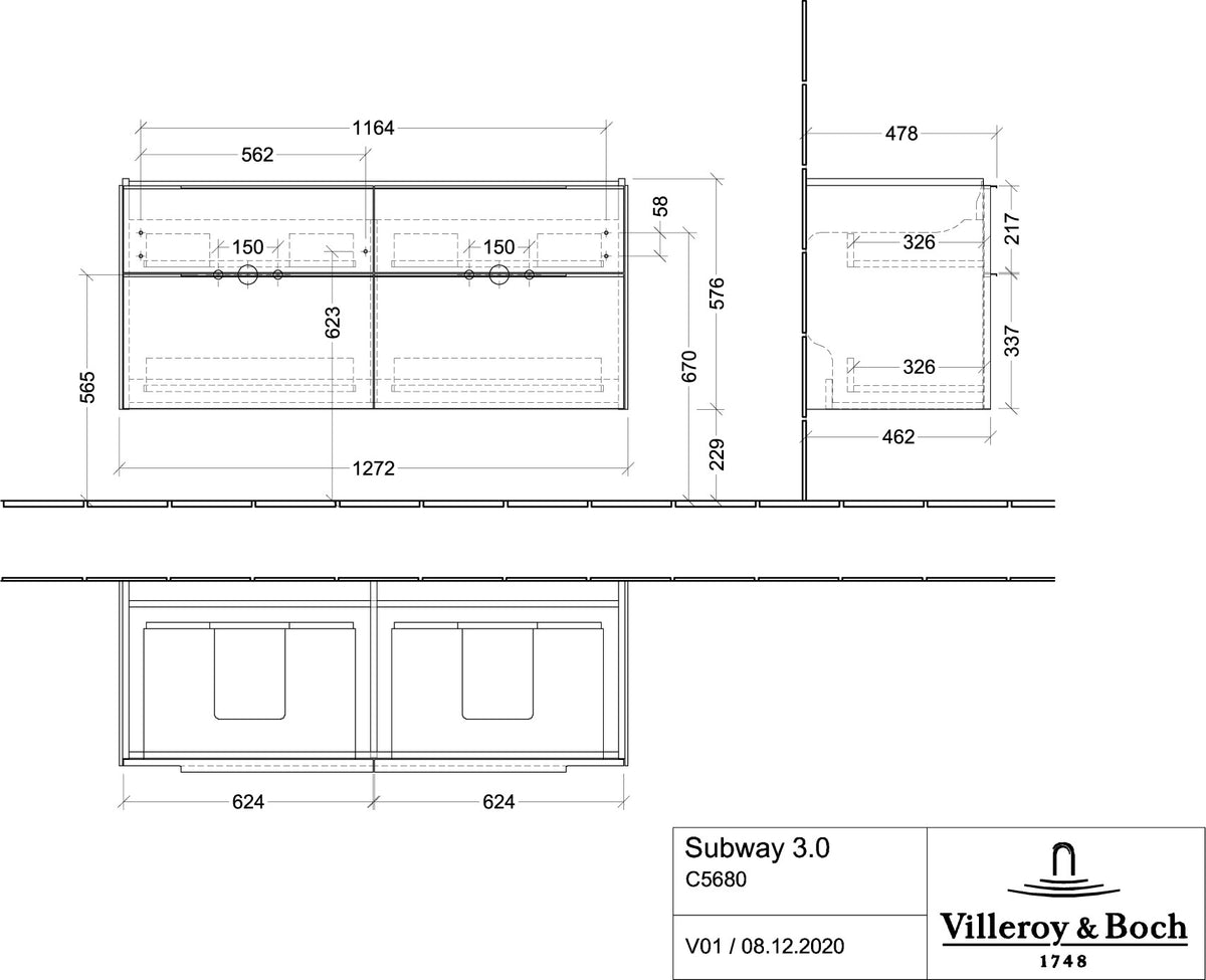 Villeroy & Boch Subway 3.0 Waschtischunterschrank 1272 mm Brilliant White mit 4 Auszügen
