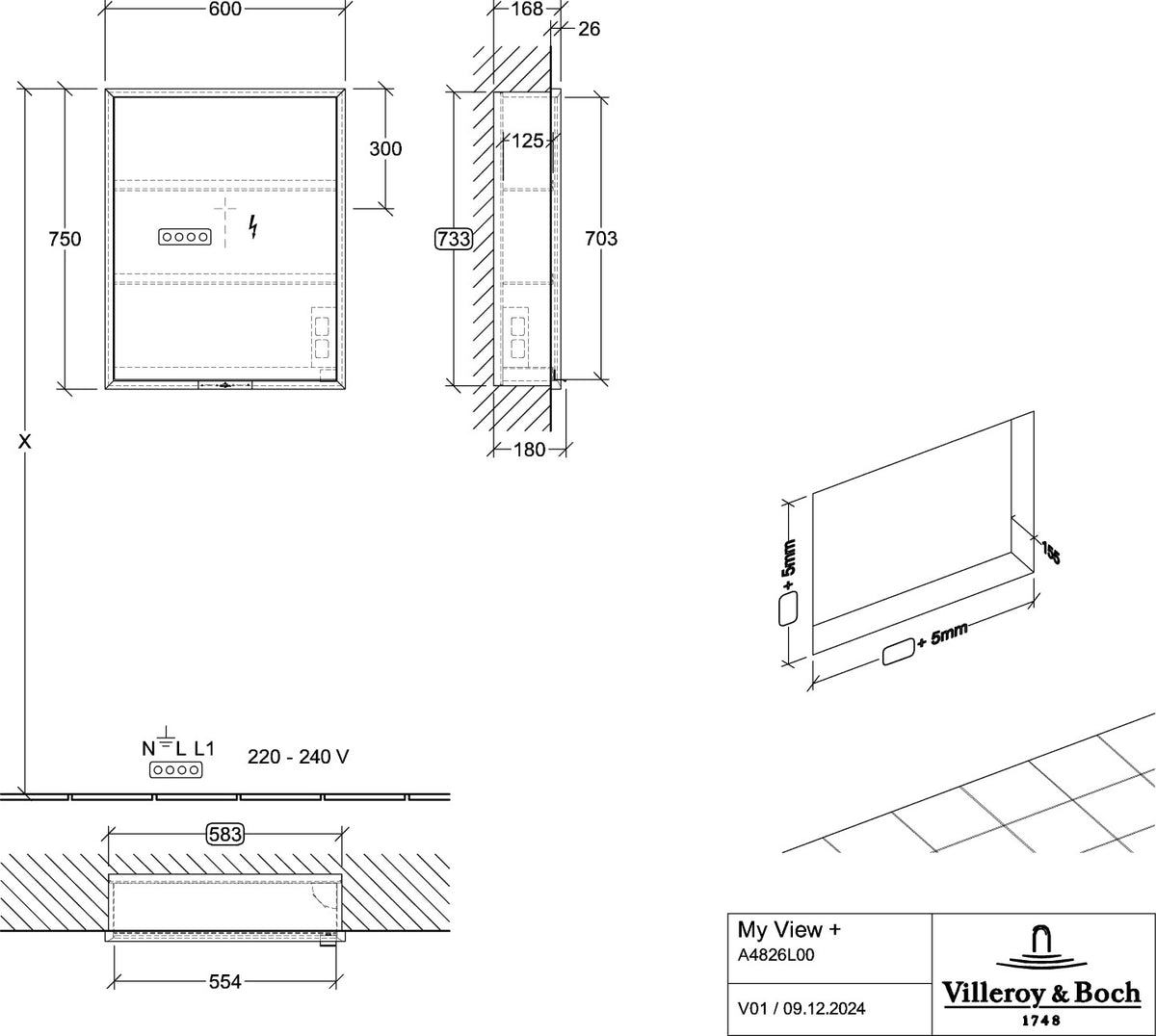 Villeroy & Boch My View+ Spiegelschrank A4826L00, 600 mm, mit LED-Beleuchtung und SoftClosing