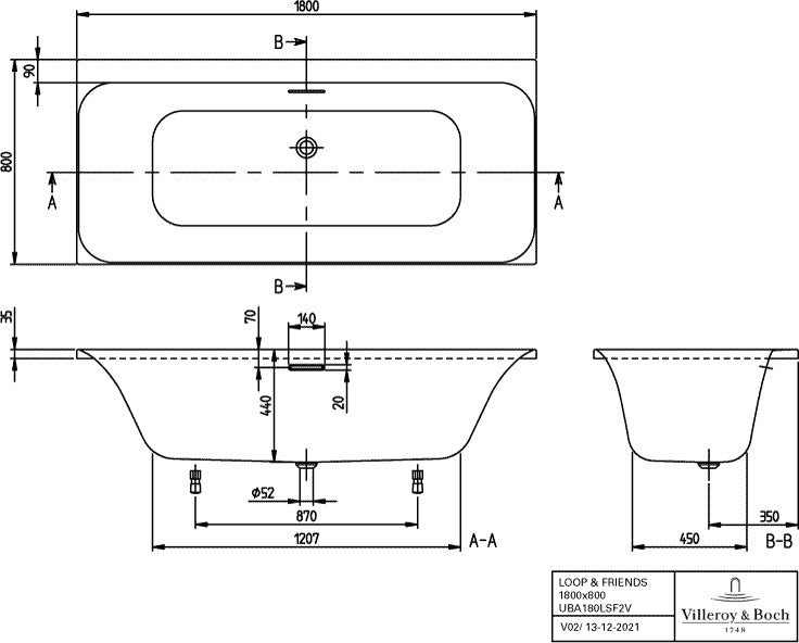 Villeroy & Boch LOOP & FRIENDS Special Combipool Invisible Whirlpoolsystem mit Rechteck-Badewanne 1800 x 800 mm