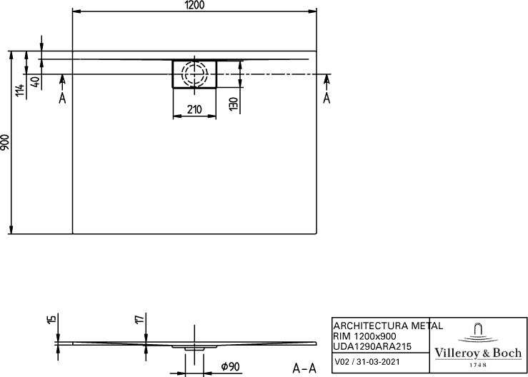 Villeroy & Boch Duschwanne Architectura 1000x800x15mm Rechteck Anthracite – Flacher Einbau, 90mm Ablauf