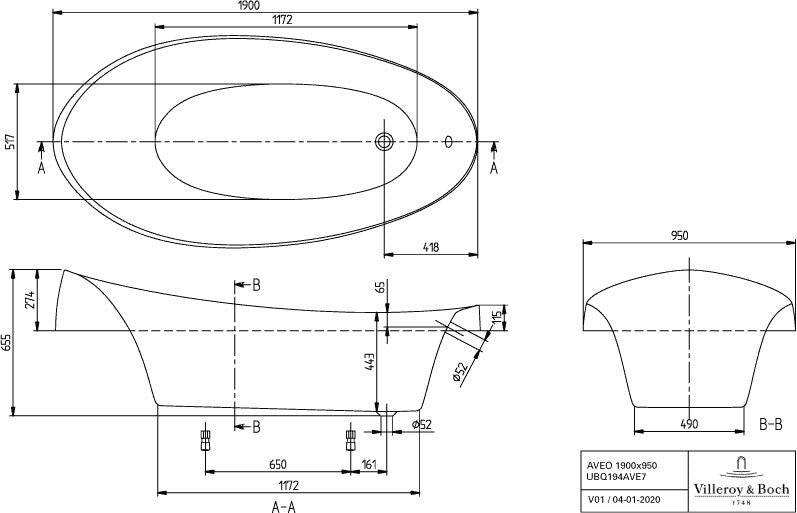 Villeroy & Boch Aveo Whirlpool CC Quaryl 1900x950mm Oval Weiß Alpin mit 28 Düsen