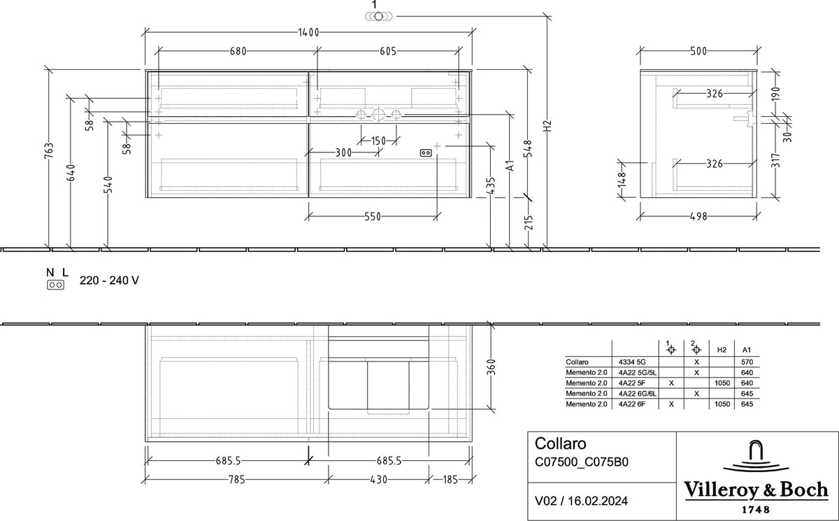 Villeroy & Boch Waschtischunterschrank Collaro C075 B0 1400 mm Black Oak mit Beleuchtung und SoftClosing
