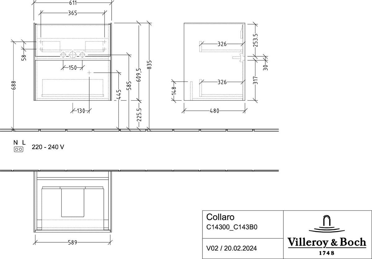 Villeroy & Boch Collaro Waschbeckenunterschrank C143 B0 White Oak 611 mm mit LED-Beleuchtung