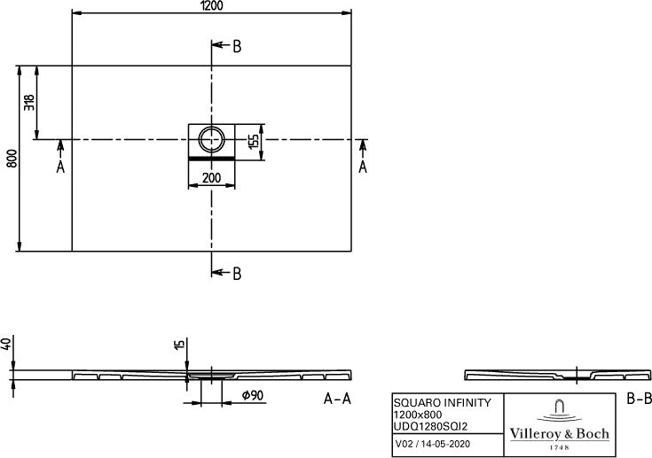 Villeroy & Boch Duschwanne SQUARO INFINITY Rechteck 1200x800x40 mm crème aus Quaryl mit Antirutsch-Klasse C