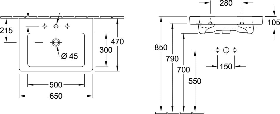 Villeroy & Boch Waschbecken Subway 2.0 650 x 470 mm Weiß Alpin – Wandmontage, mit Überlauf