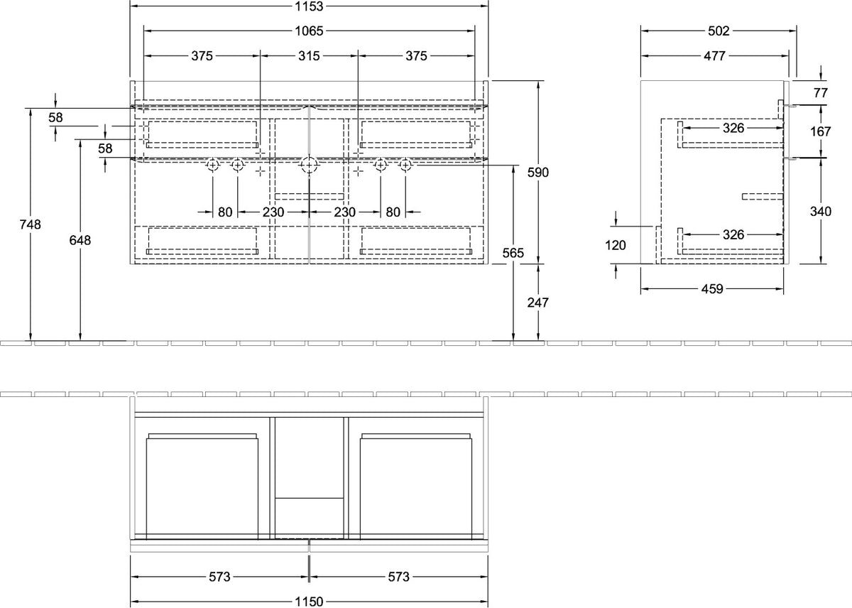 Villeroy & Boch VENTICELLO Waschtischunterschrank 1153 mm Santana Oak mit 4 Auszügen und Glasabtrennungen