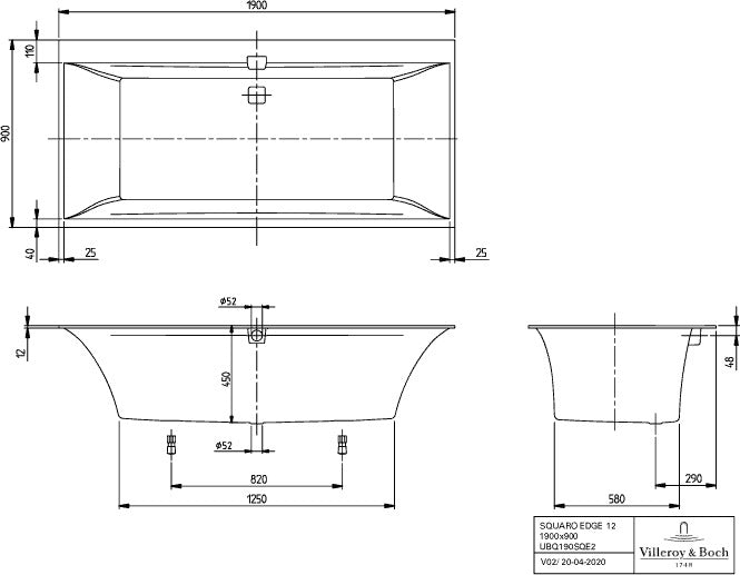 Villeroy & Boch Squaro Edge 12 Whirlpoolsystem Special Combi Invisible Quaryl 1900 x 900 mm