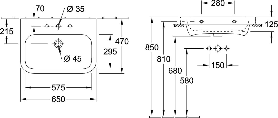 Villeroy & Boch Architectura Wandwaschbecken 650 mm Rechteck Weiß Alpin – Sanitärkeramik mit Überlauf