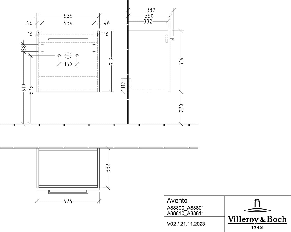Villeroy & Boch Avento Waschtischunterschrank 530 mm Crystal Grey, 1 Tür links, mit Dämpfung