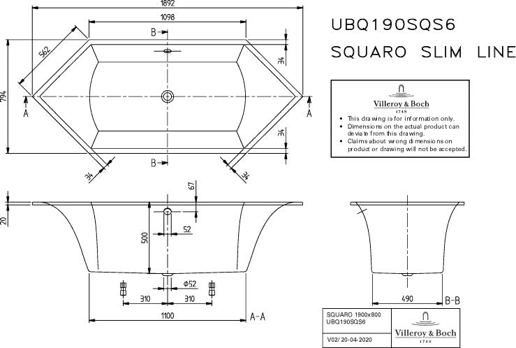 Villeroy & Boch SQUARO Slim Line Whirlpoolsystem Special Combipool Invisible mit Quaryl-Badewanne, 1892 x 794 mm, weiß