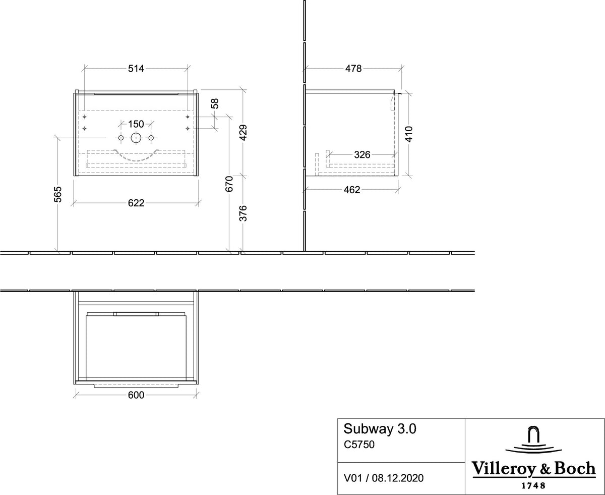 Villeroy & Boch Subway 3.0 Waschtischunterschrank C57500, 622 mm, Brilliant White, mit SoftClosing-Auszug