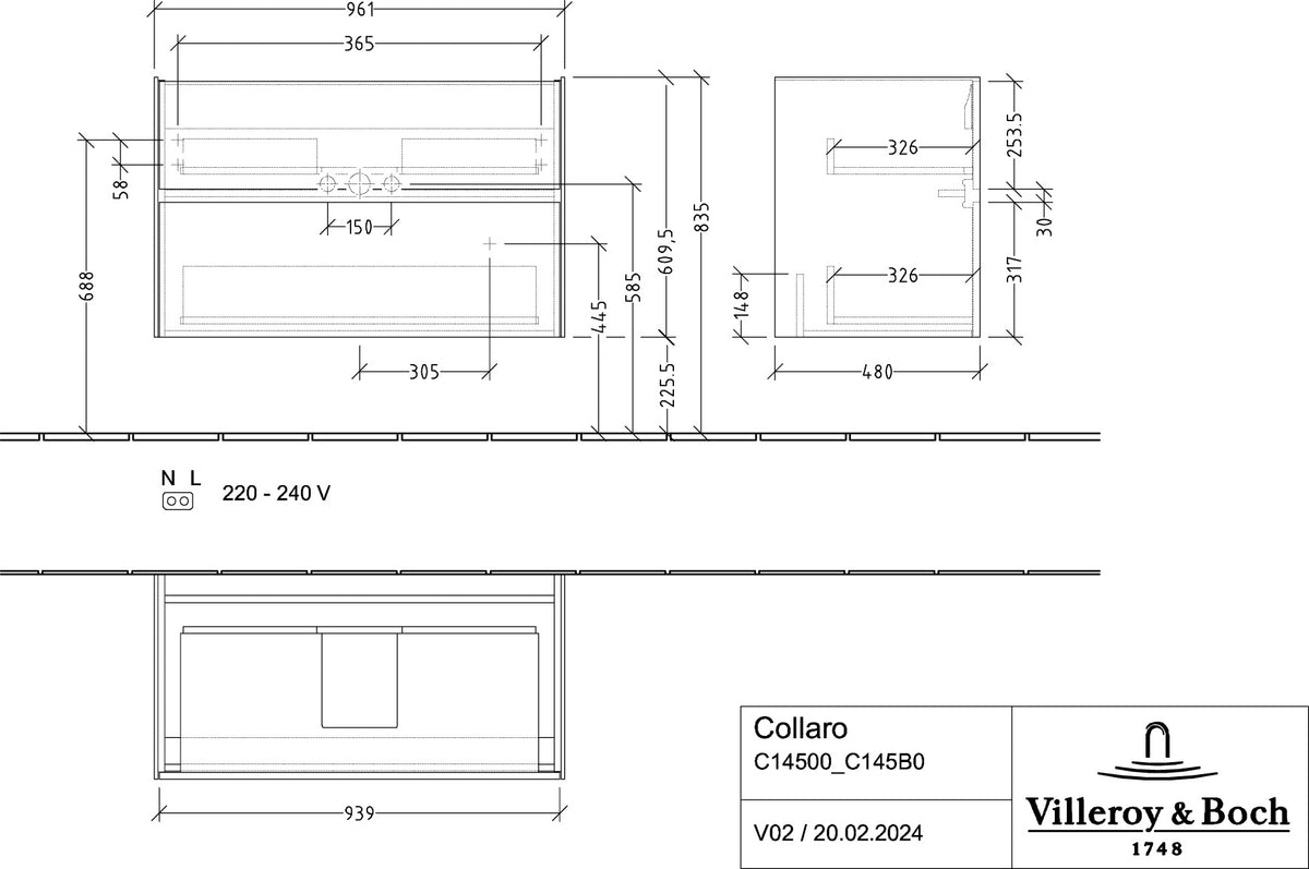 Villeroy & Boch Collaro Waschbeckenunterschrank 961 mm White Oak – 2 Auszüge, SoftClosing