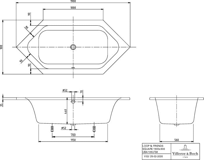 Villeroy & Boch LOOP & FRIENDS Airpool Entry Whirlpoolsystem – 6-eckig, 1900 mm, mit 10 Micro-Bodendüsen