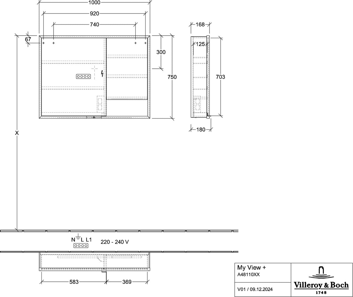 Villeroy & Boch Spiegelschrank My View+ A48110 1000 mm Graphite mit LED-Beleuchtung und Sensordimmer